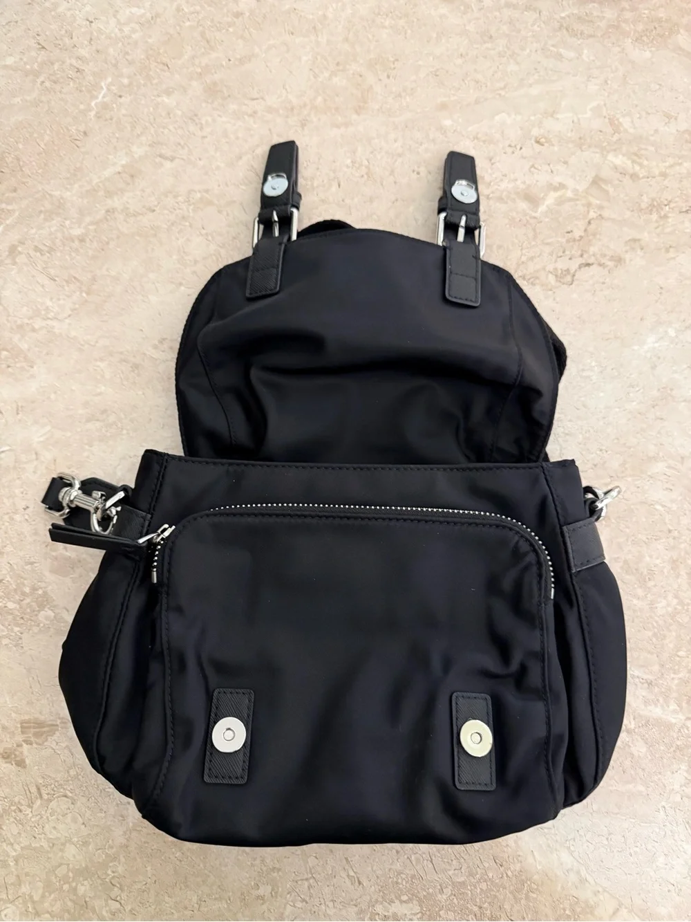 Tory Burch Black Nylon Messenger Crossbody Bag with Silver Hardware